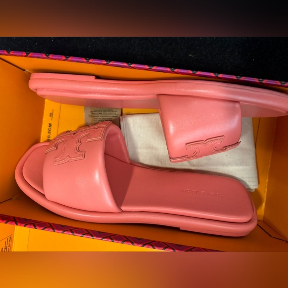 NEW Tory Burch Leather Slip On Double T Sport Slide Sandals Pink Coral 10.5 - Picture 6 of 7